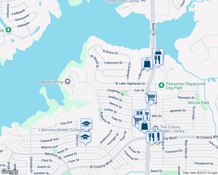 map of restaurants, bars, coffee shops, grocery stores, and more near 4420 Jenkins Street in The Colony