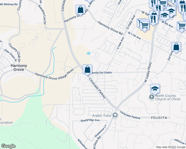 map of restaurants, bars, coffee shops, grocery stores, and more near 1750 West Citracado Parkway in Escondido
