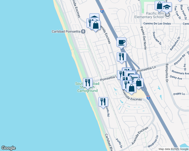 map of restaurants, bars, coffee shops, grocery stores, and more near 134 Channel Road in Carlsbad