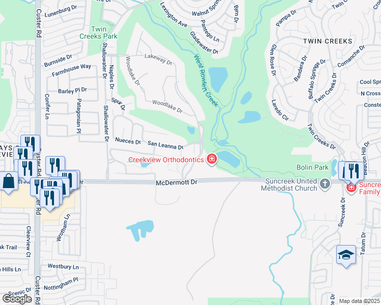 map of restaurants, bars, coffee shops, grocery stores, and more near 309 Desert Court in Allen