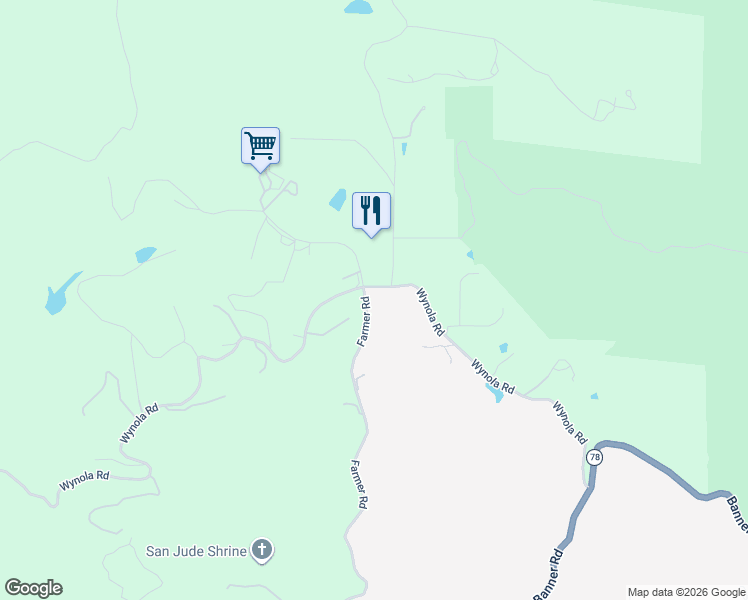 map of restaurants, bars, coffee shops, grocery stores, and more near 1315 Farmer Road in Julian