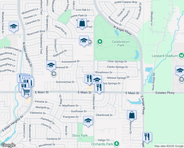map of restaurants, bars, coffee shops, grocery stores, and more near 311 Del Cano Drive in Allen