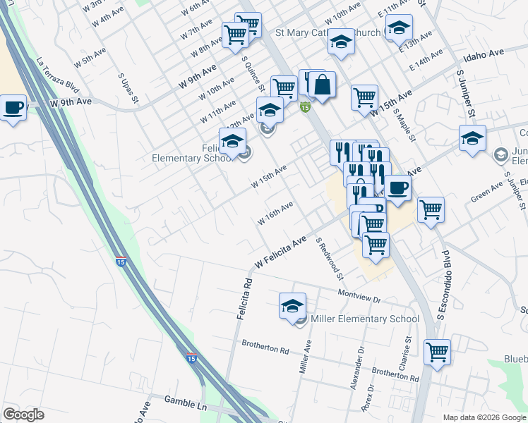 map of restaurants, bars, coffee shops, grocery stores, and more near 1555 South Redwood Street in Escondido