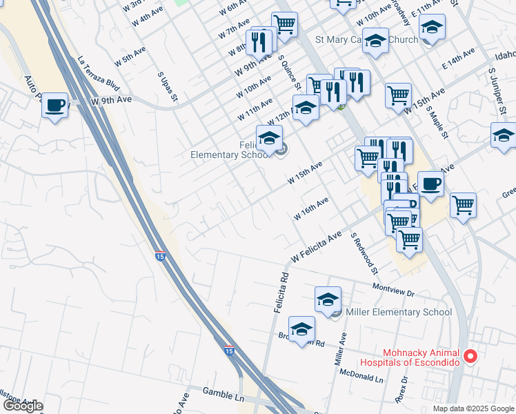 map of restaurants, bars, coffee shops, grocery stores, and more near in Escondido