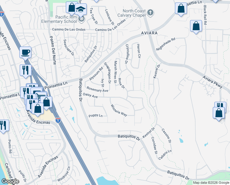 map of restaurants, bars, coffee shops, grocery stores, and more near 7074 Marsh Wren Street in Carlsbad