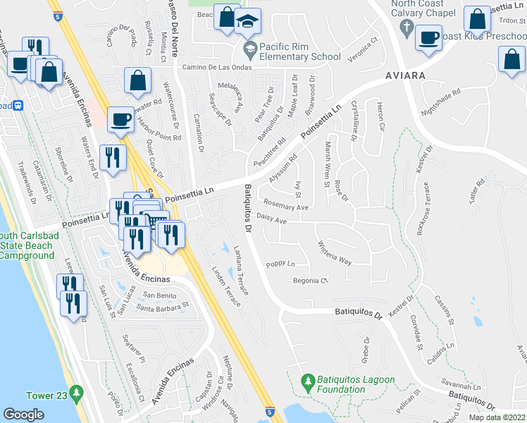 map of restaurants, bars, coffee shops, grocery stores, and more near 7017 Nutmeg Way in Carlsbad
