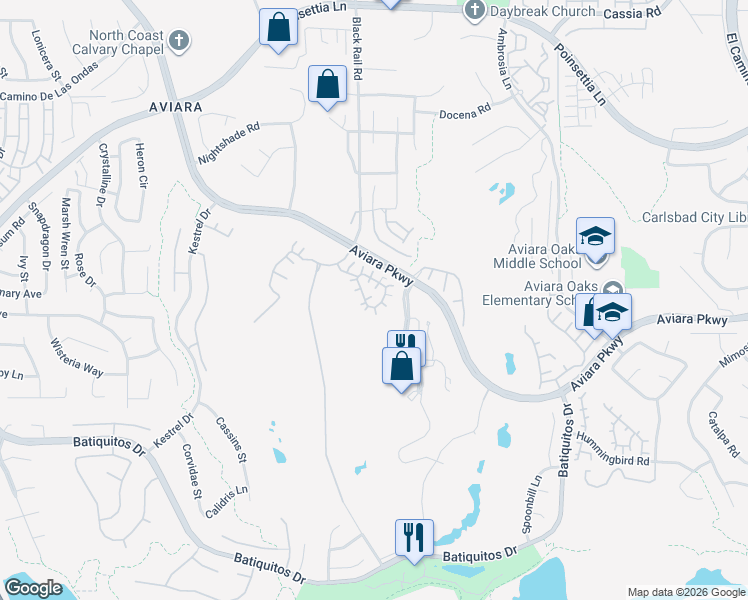 map of restaurants, bars, coffee shops, grocery stores, and more near 7256 Surfbird Circle in Carlsbad