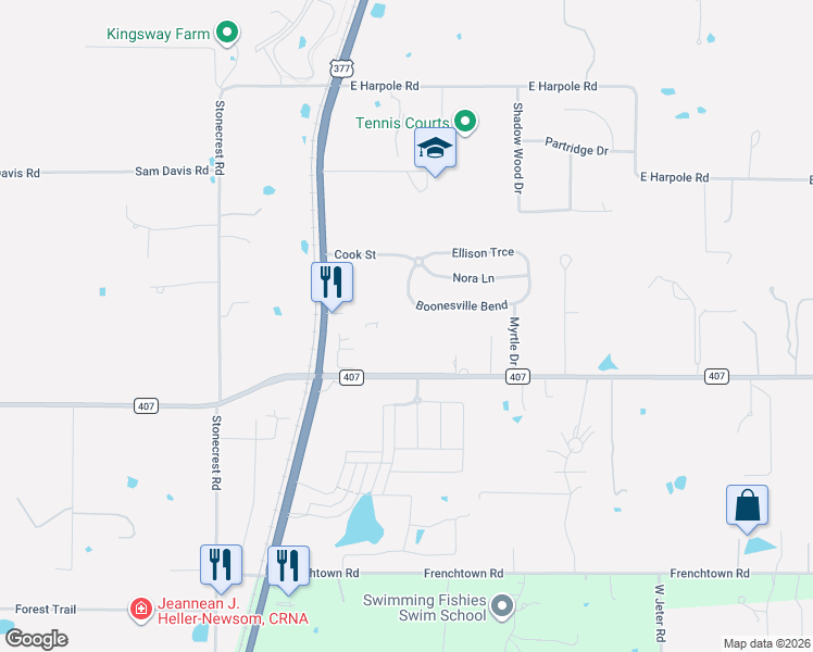 map of restaurants, bars, coffee shops, grocery stores, and more near 300 Boonesville Bend in Argyle
