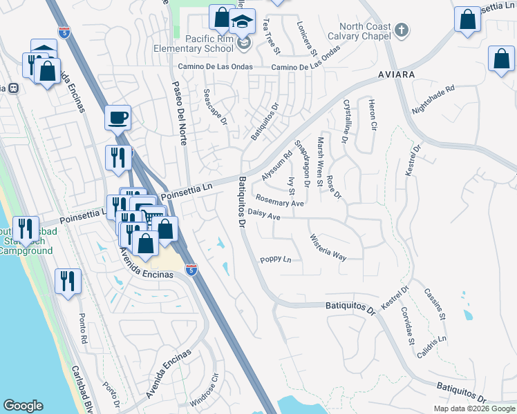 map of restaurants, bars, coffee shops, grocery stores, and more near 7017 Nutmeg Way in Carlsbad
