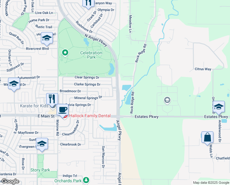 map of restaurants, bars, coffee shops, grocery stores, and more near 308 Canyon Springs Drive in Allen