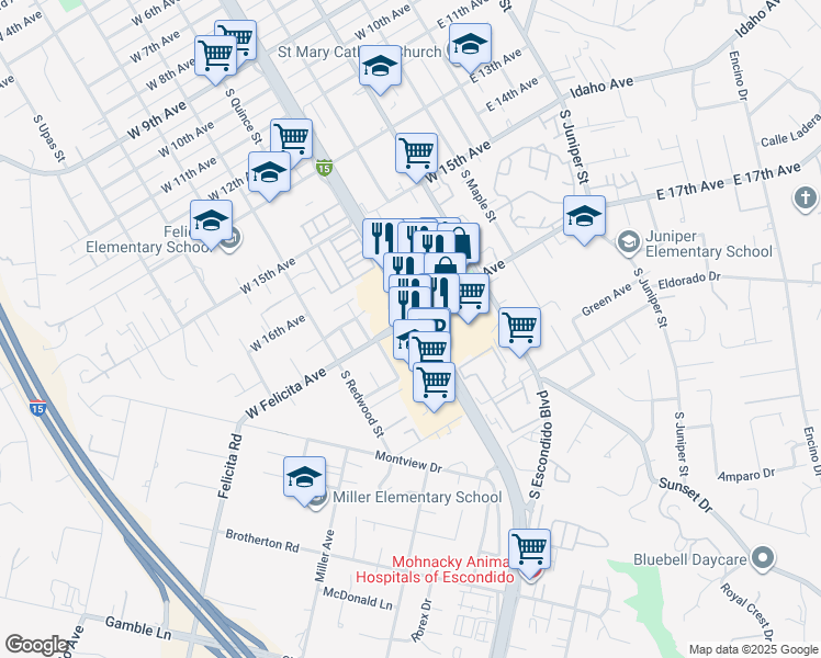 map of restaurants, bars, coffee shops, grocery stores, and more near 1677 South Centre City Parkway in Escondido