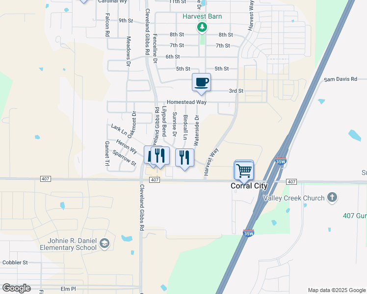 map of restaurants, bars, coffee shops, grocery stores, and more near 140 Birdcall Lane in Argyle