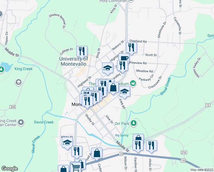 map of restaurants, bars, coffee shops, grocery stores, and more near 998 Valley Street in Montevallo