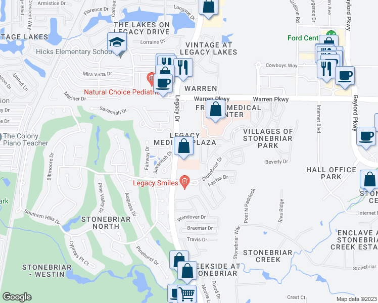 map of restaurants, bars, coffee shops, grocery stores, and more near 2990 Legacy Drive in Frisco
