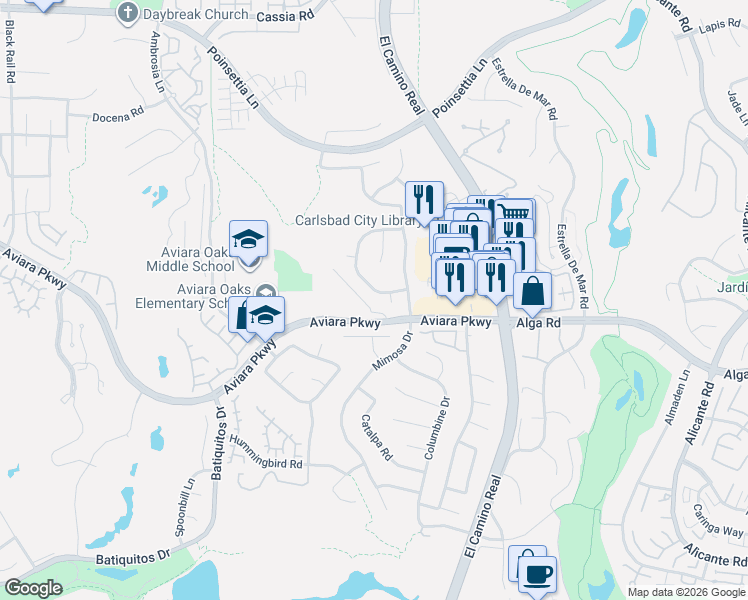 map of restaurants, bars, coffee shops, grocery stores, and more near 6994 Blue Orchid Lane in Carlsbad