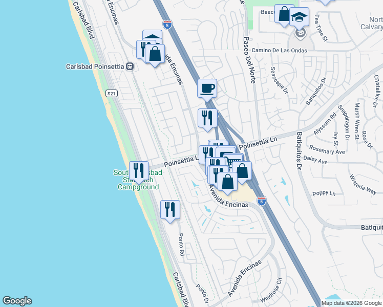 map of restaurants, bars, coffee shops, grocery stores, and more near 6990 Waters End Drive in Carlsbad