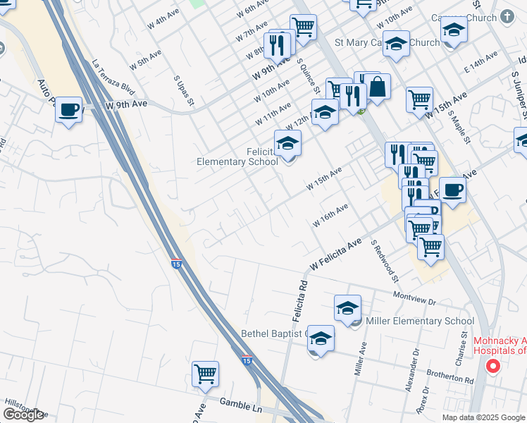 map of restaurants, bars, coffee shops, grocery stores, and more near 1006 West 15th Avenue in Escondido