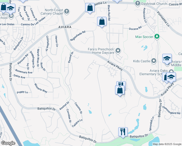map of restaurants, bars, coffee shops, grocery stores, and more near 7140 Tatler Road in Carlsbad
