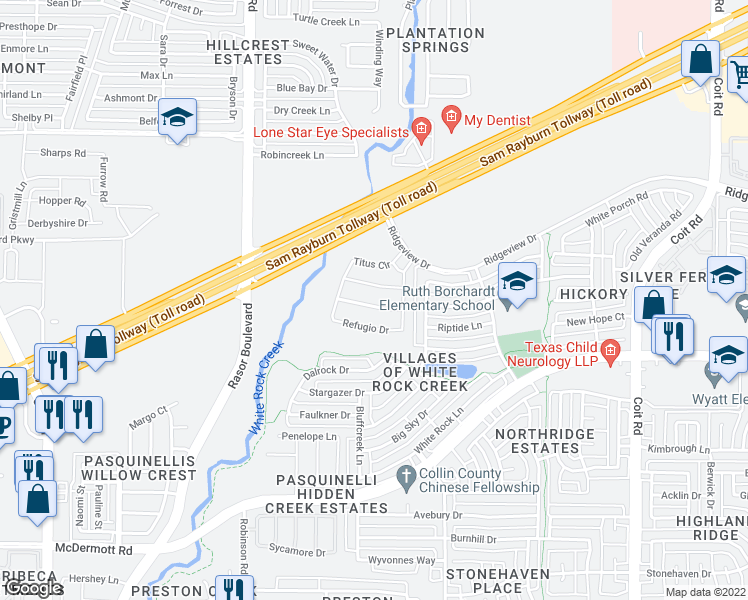 map of restaurants, bars, coffee shops, grocery stores, and more near 4540 El Paso Drive in Plano