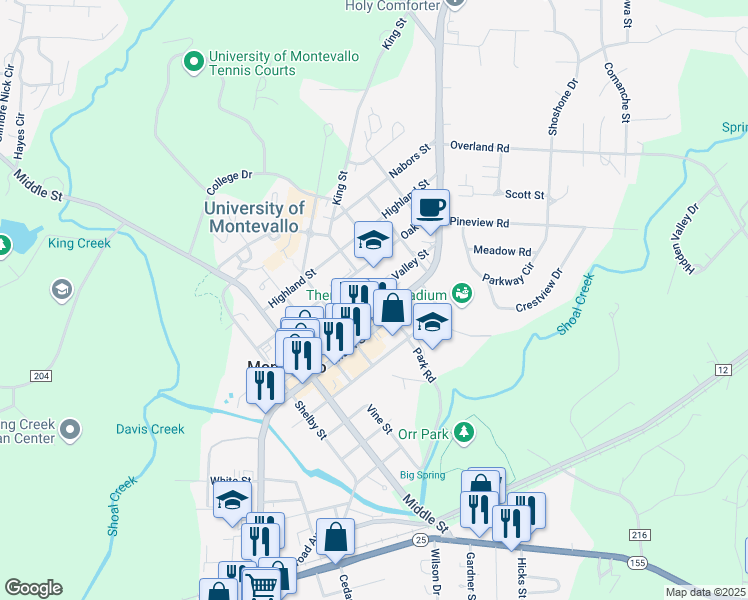 map of restaurants, bars, coffee shops, grocery stores, and more near 998 Valley Street in Montevallo