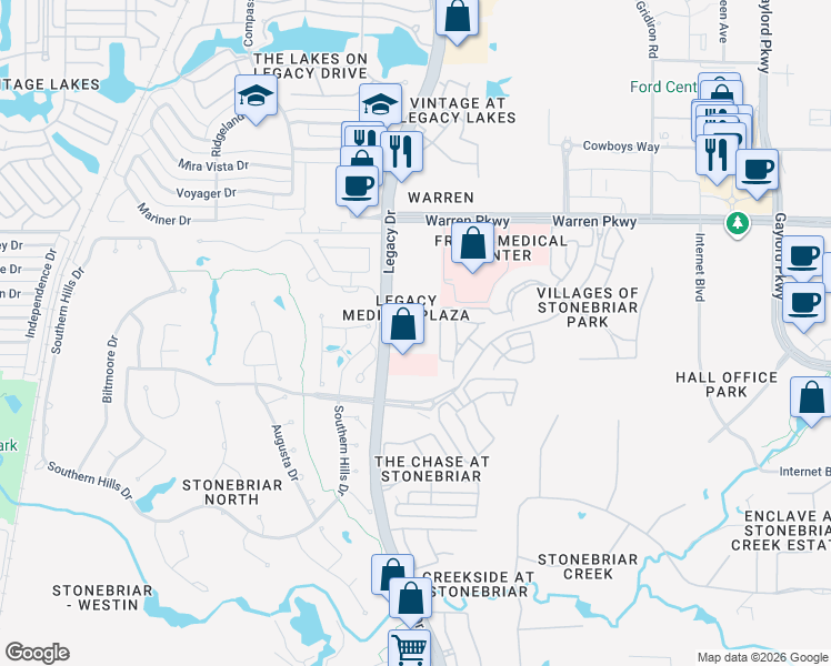 map of restaurants, bars, coffee shops, grocery stores, and more near 2990 Legacy Drive in Frisco