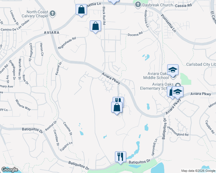 map of restaurants, bars, coffee shops, grocery stores, and more near 7256 Surfbird Circle in Carlsbad