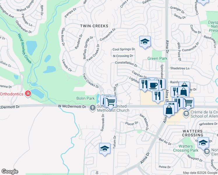 map of restaurants, bars, coffee shops, grocery stores, and more near 308 Misty Meadow Drive in Allen