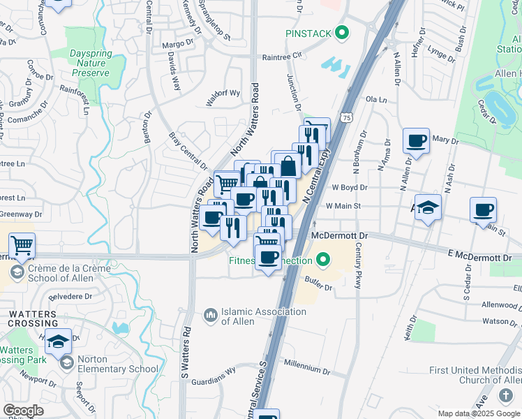 map of restaurants, bars, coffee shops, grocery stores, and more near 906 West McDermott Drive in Allen
