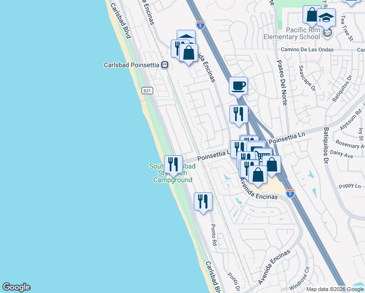 map of restaurants, bars, coffee shops, grocery stores, and more near 6976 Tradewinds Drive in Carlsbad