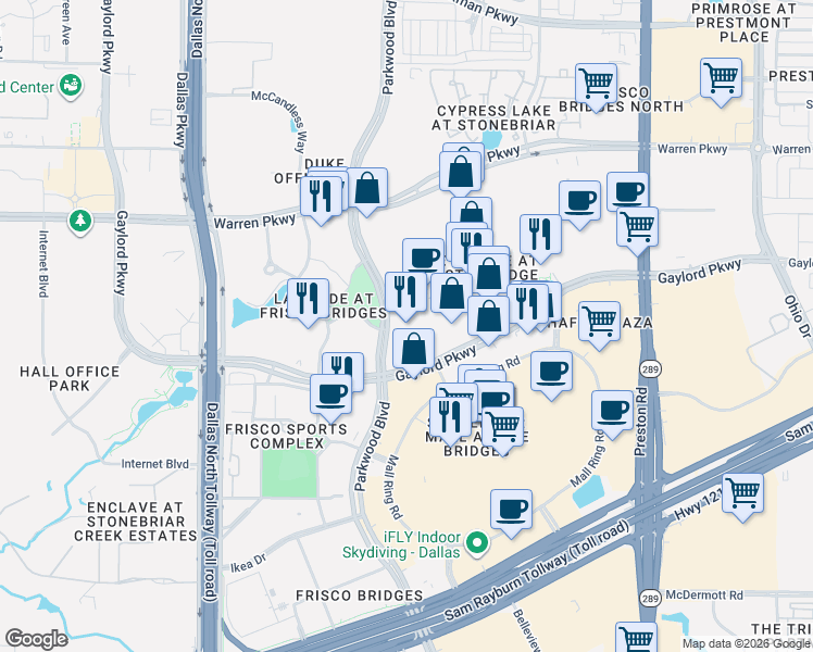 map of restaurants, bars, coffee shops, grocery stores, and more near 3198 Parkwood Boulevard in Frisco