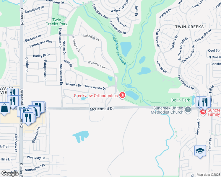 map of restaurants, bars, coffee shops, grocery stores, and more near 309 Desert Court in Allen