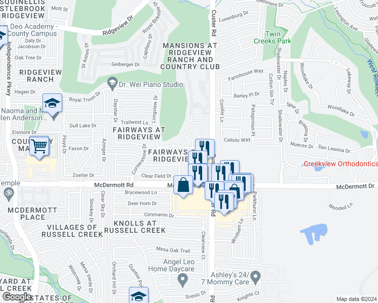 map of restaurants, bars, coffee shops, grocery stores, and more near 9125 Blue Water Drive in Plano