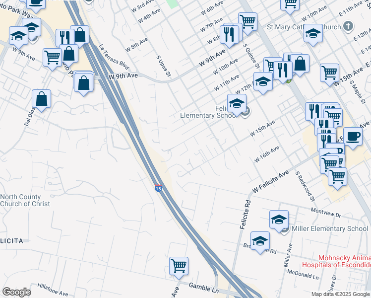 map of restaurants, bars, coffee shops, grocery stores, and more near 1221 West 13th Avenue in Escondido