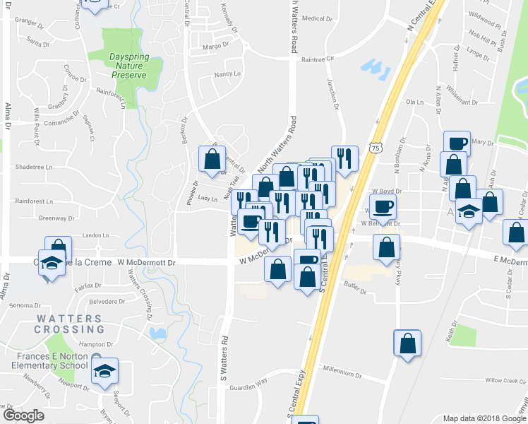 map of restaurants, bars, coffee shops, grocery stores, and more near 900 West McDermott Drive in Allen