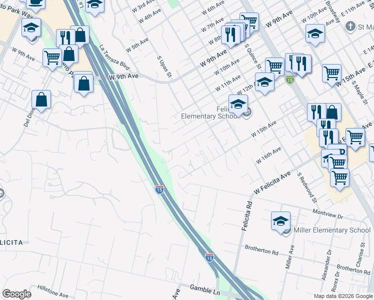 map of restaurants, bars, coffee shops, grocery stores, and more near 1221 West 13th Avenue in Escondido