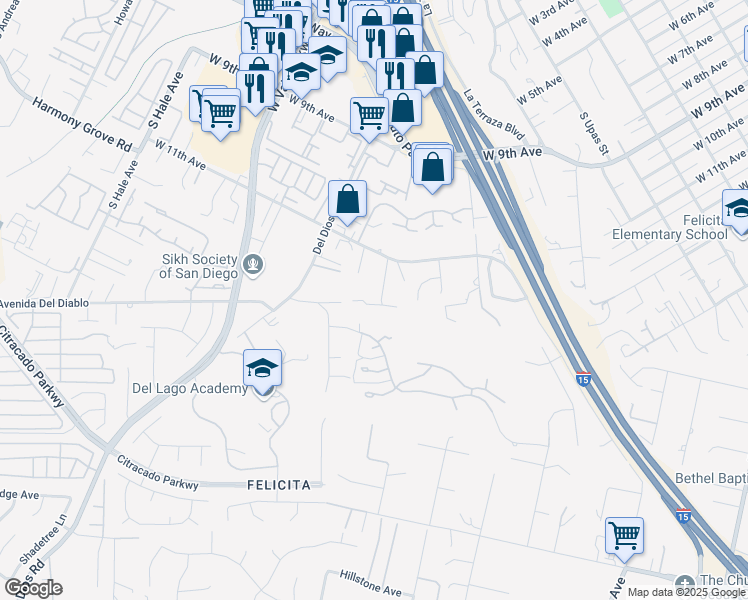 map of restaurants, bars, coffee shops, grocery stores, and more near 1626 Towell Lane in Escondido