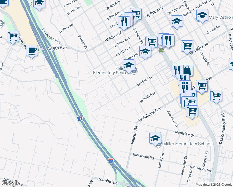 map of restaurants, bars, coffee shops, grocery stores, and more near 1415 South Upas Street in Escondido