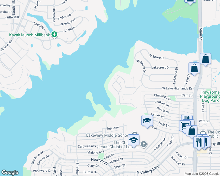 map of restaurants, bars, coffee shops, grocery stores, and more near 7238 Waters Edge Drive in The Colony