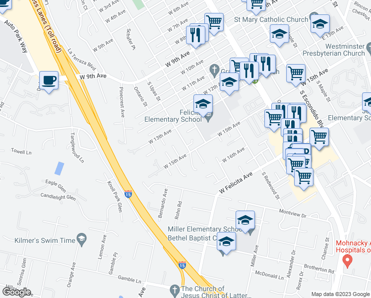 map of restaurants, bars, coffee shops, grocery stores, and more near 1421 South Upas Street in Escondido