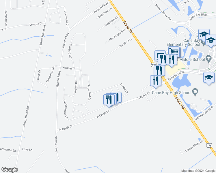 map of restaurants, bars, coffee shops, grocery stores, and more near 397 Dunlin Drive in Summerville