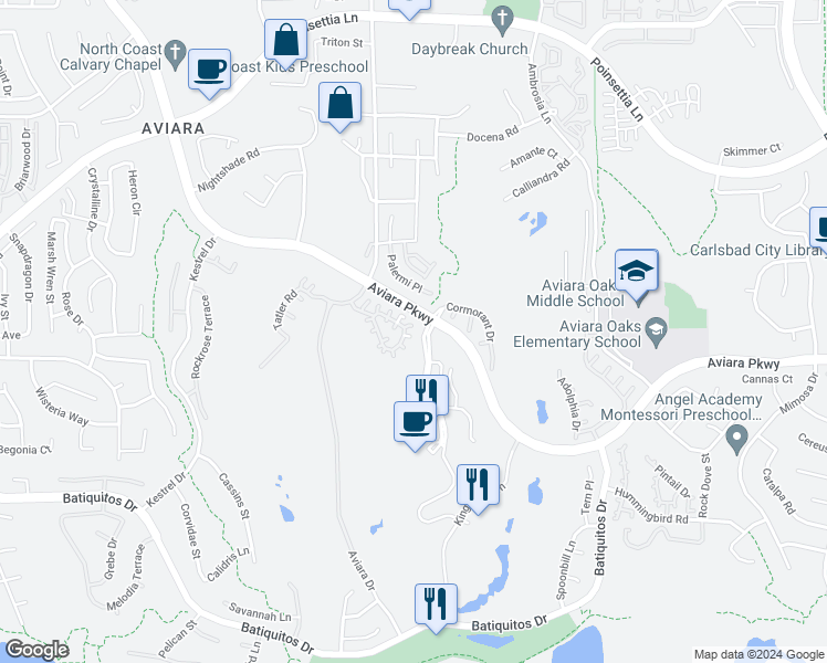 map of restaurants, bars, coffee shops, grocery stores, and more near 7139 Surfbird Circle in Carlsbad