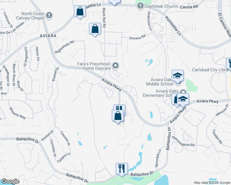 map of restaurants, bars, coffee shops, grocery stores, and more near 7139 Surfbird Circle in Carlsbad