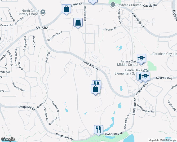 map of restaurants, bars, coffee shops, grocery stores, and more near 7100 Surfbird Circle in Carlsbad