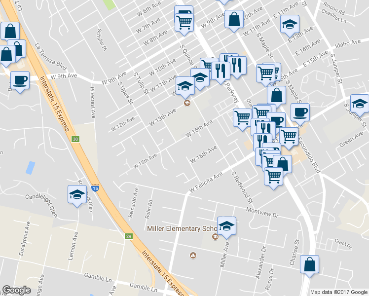 map of restaurants, bars, coffee shops, grocery stores, and more near 835 West 15th Avenue in Escondido