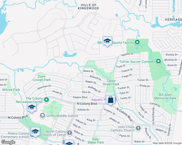 map of restaurants, bars, coffee shops, grocery stores, and more near 5509 Rearn Drive in The Colony