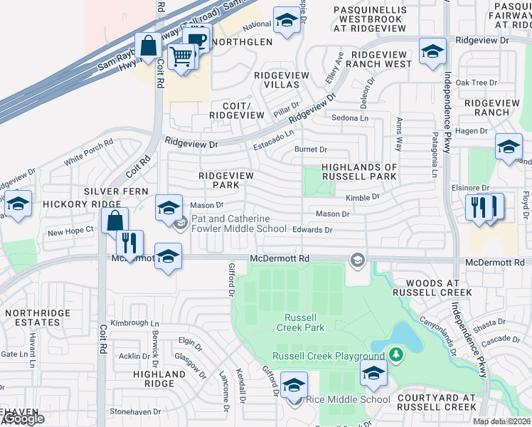 map of restaurants, bars, coffee shops, grocery stores, and more near 3544 Mason Drive in Plano