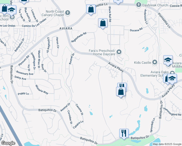 map of restaurants, bars, coffee shops, grocery stores, and more near 7109 Tatler Road in Carlsbad