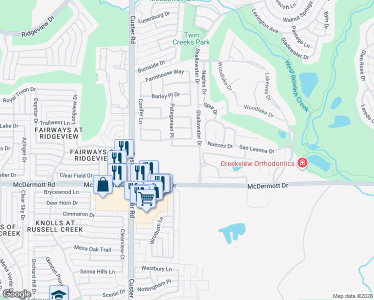 map of restaurants, bars, coffee shops, grocery stores, and more near 2007 Calisto Way in Allen