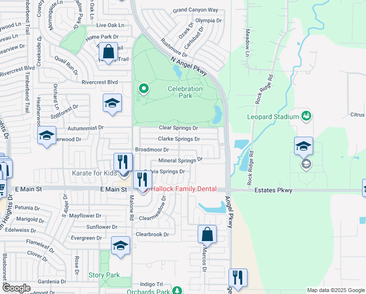 map of restaurants, bars, coffee shops, grocery stores, and more near 1703 Broadmoor Drive in Allen