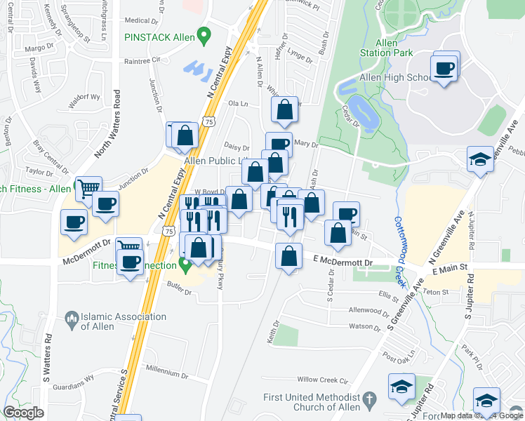 map of restaurants, bars, coffee shops, grocery stores, and more near 6 North Allen Drive in Allen